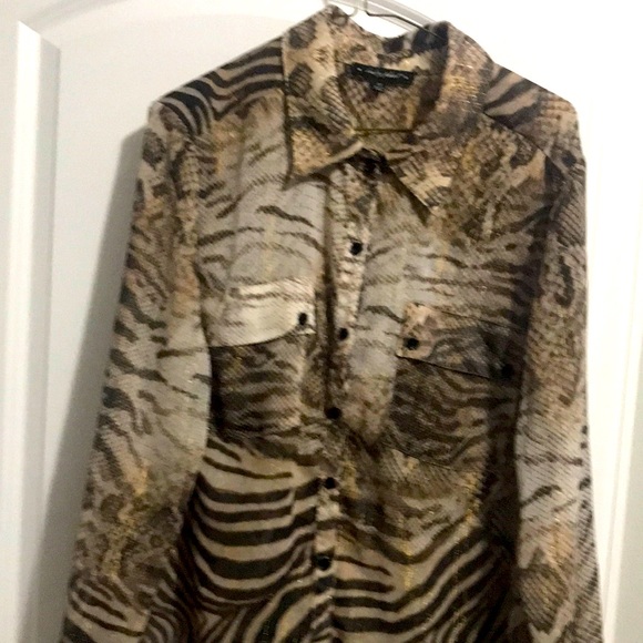 Baby Phat sheer button down shirt animal print with gold threads throughout - Picture 1 of 3